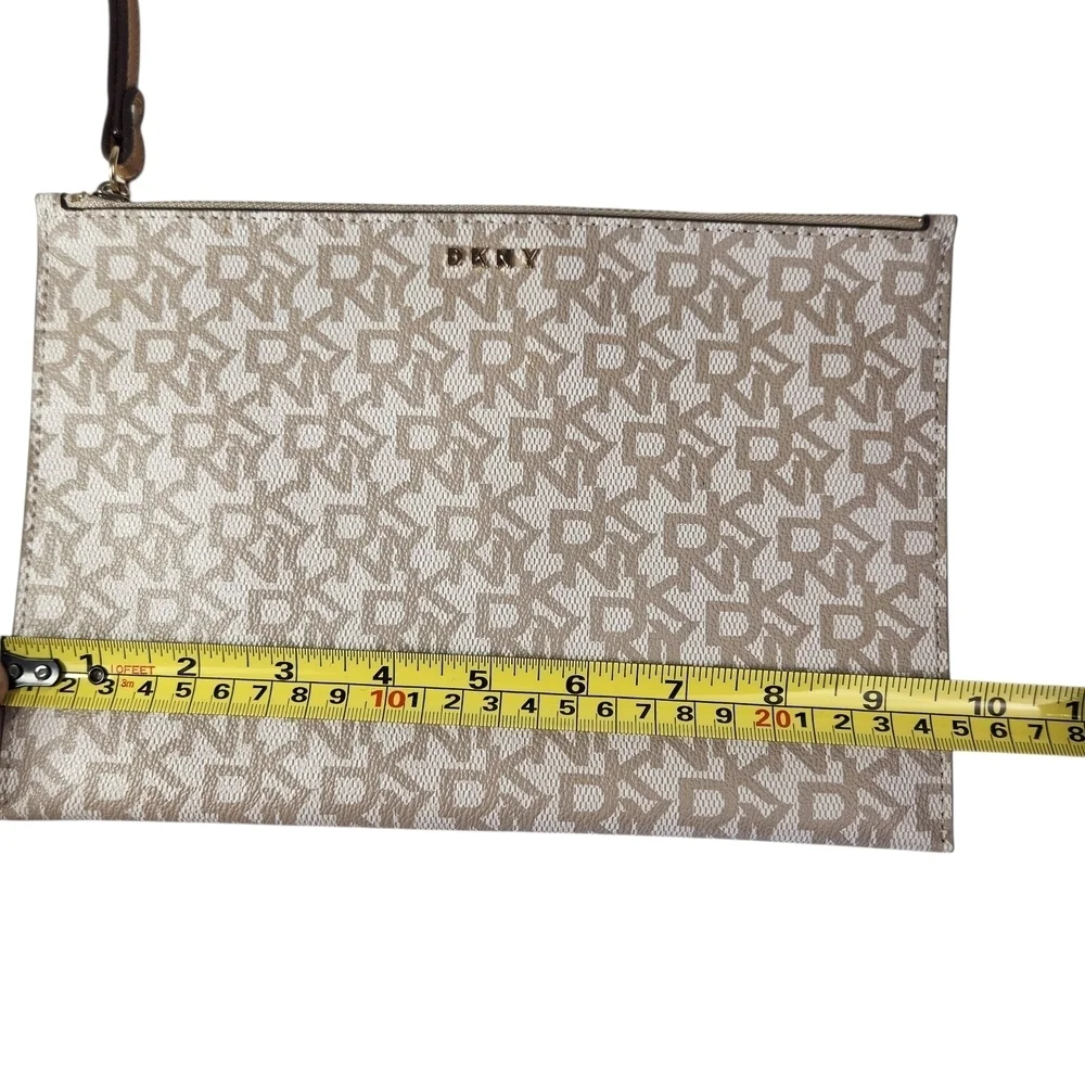 DKNY Bryant Park Logo Wristlet Pouch Cosmetic Bag Beige & Brown Faux Leather